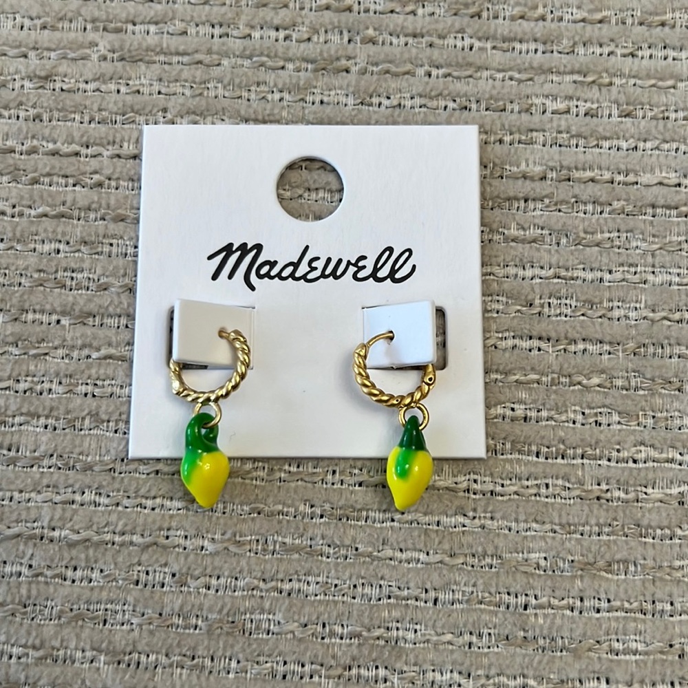 Madewell Enamel Lemon Twisted Huggie Hoop Earrings